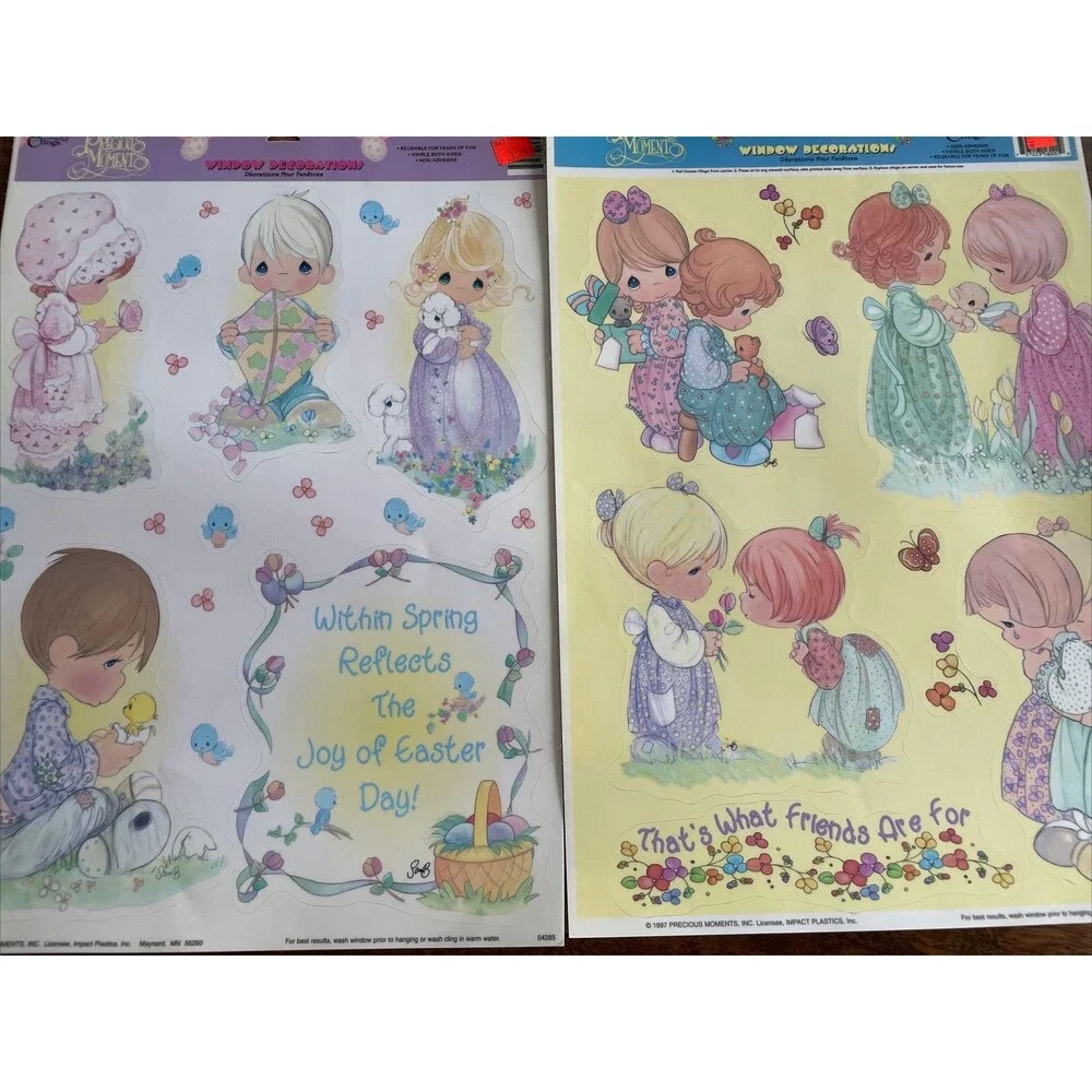 Vintage Precious Moments Vinyl Window Clings Easter & Friends Lot Of 2 New Old